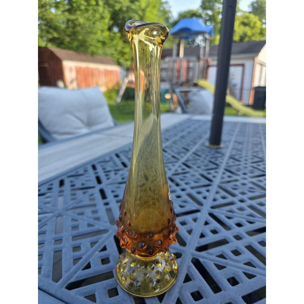 Fenton Amber Hobnail Swung Bud Vase Stretch Vintage 8.75” MCM Footed EUC